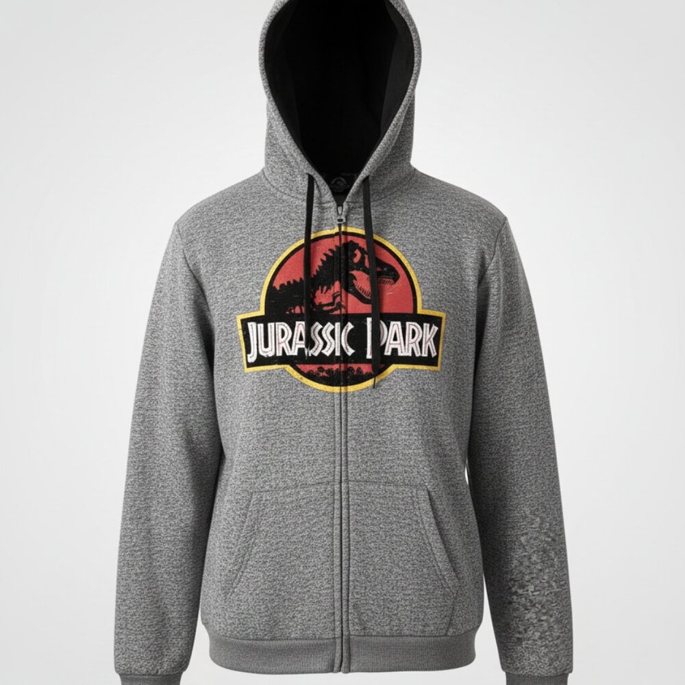 $20 SALE Jurassic Park Drawstring Hoodie Heather Gray ZipUp Logo Sweater Men XL